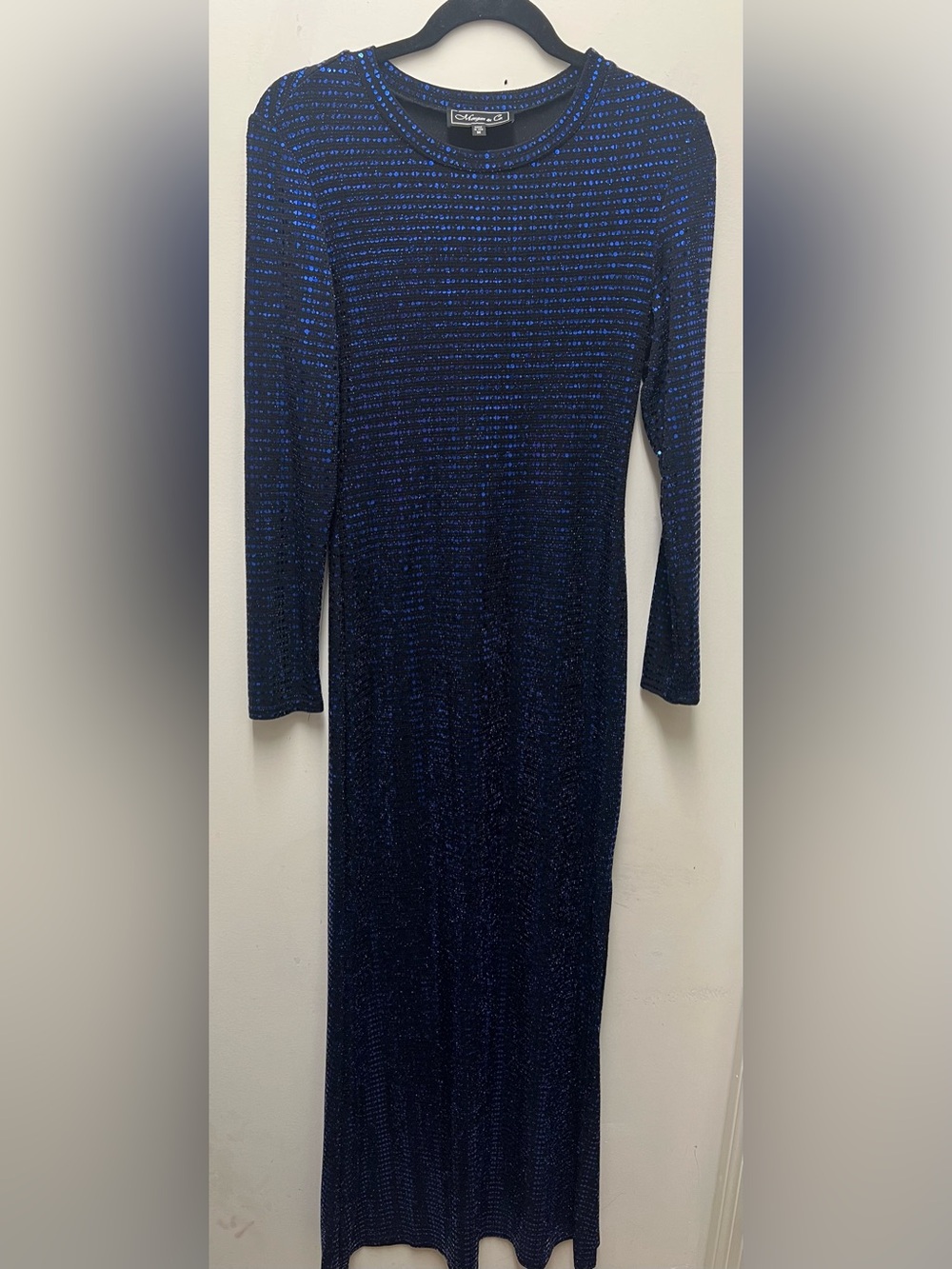 Morgan & Co. Long Sleeve Midnight Blue Sequin Column Dress